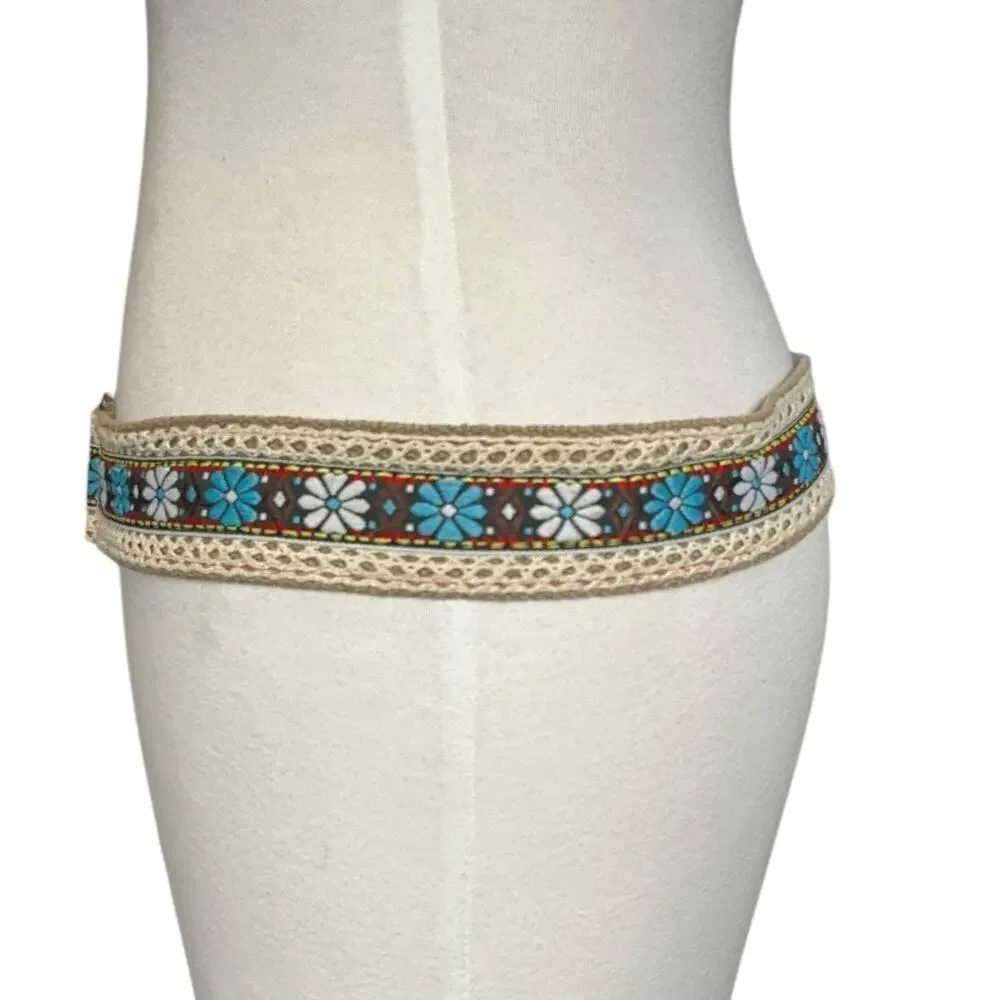 Y2K Boho Hippie Festival Belt Floral Embroidered O-Ring Crochet Retro Indie
